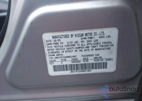 2006 Infiniti G35 из США, поврежденный, VIN JNKCV51E46M501897